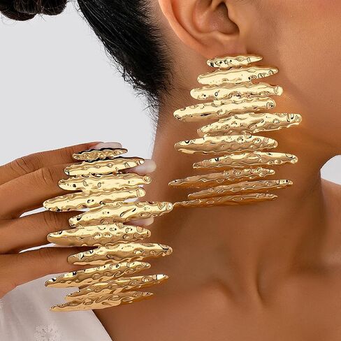Oversized Gold Statement Earrings, Metallic Wave Design, Fashion Accessory in Saudi Arabia