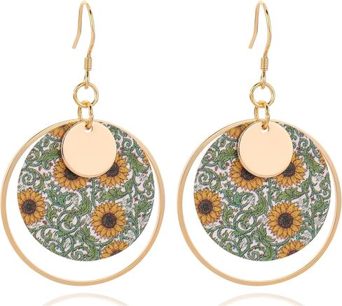 Boho Earrings, Gold Hoop Flower Earrings, Dangle Round Disc Earrings for Women, Handmade Bohemian Trendy Boho Floral Jewelry in Saudi Arabia