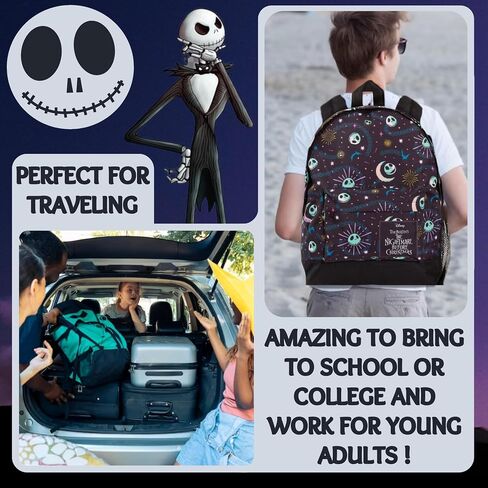 حقيبة ظهر The Nightmare Before Christmas للأطفال والكبار ذات سعة كبيرة حقيبة مدرسية من Jack Skellington College، سوداء، مقاس واحد، حقيبة ظهر in Kuwait