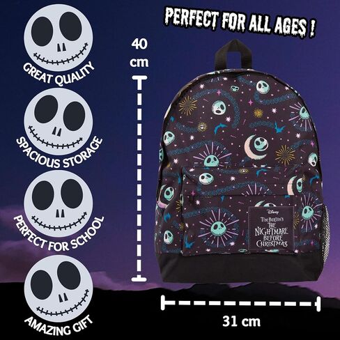 حقيبة ظهر The Nightmare Before Christmas للأطفال والكبار ذات سعة كبيرة حقيبة مدرسية من Jack Skellington College، سوداء، مقاس واحد، حقيبة ظهر in Kuwait