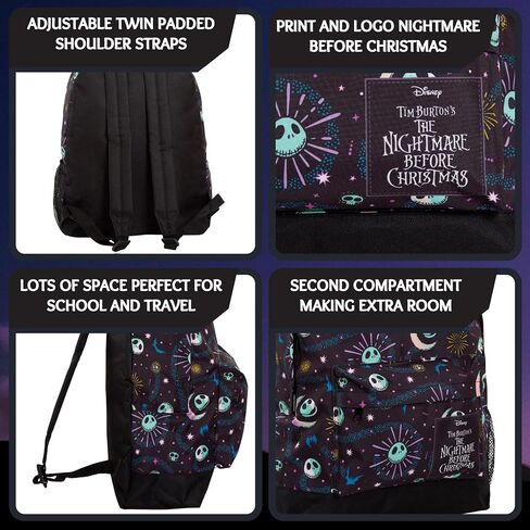 حقيبة ظهر The Nightmare Before Christmas للأطفال والكبار ذات سعة كبيرة حقيبة مدرسية من Jack Skellington College، سوداء، مقاس واحد، حقيبة ظهر in Kuwait