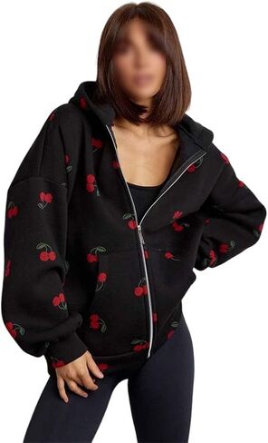 MLAFE Y2K Sweatshirt Women Oversized Cherry Print Zip Up Hoodie, Solid Color Spring Fall Fashion Clothes, Cute Y2K Tops in Saudi Arabia