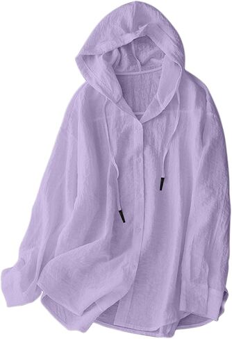 Women's Cotton Linen Hoodie Button Down Sun Protection Shirts Casual Long Sleeve Blouse Summer Vacation Beach Tops in Kuwait