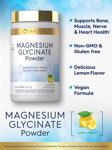 Carlyle Magnesium Glycinate | 8 oz Powder | Lemon Flavor | Vegan, Non-GMO, Gluten Free Supplement in Kuwait
