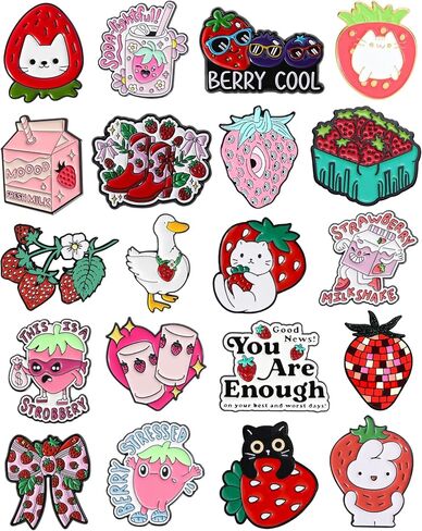 20pcs Strawberry Enamel Pins Bulk with Storage Bag Kawaii Funny Berry Lapel Pins for Backpacks Jackets Hats Cute Cartoon Fruit Strawberry Enamel Pins for Women Christmas Birthday Graduation Gifts Sweet Strawberry Theme Party Favors in Saudi Arabia