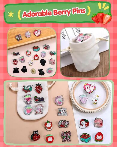 20pcs Strawberry Enamel Pins Bulk with Storage Bag Kawaii Funny Berry Lapel Pins for Backpacks Jackets Hats Cute Cartoon Fruit Strawberry Enamel Pins for Women Christmas Birthday Graduation Gifts Sweet Strawberry Theme Party Favors in Saudi Arabia