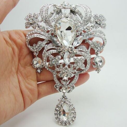 Women's Sophisticated and Elegant White Rhinestone Flower Brooch - Luxurious floral design with teardrop and round stones, suitable for wedding engagement jewelry, banquets and parties in Kuwait
