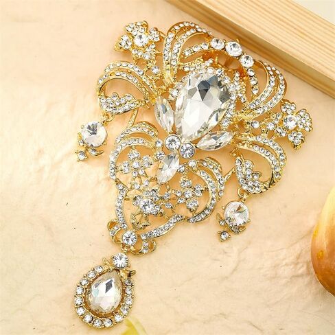 Women's Sophisticated and Elegant White Rhinestone Flower Brooch - Luxurious floral design with teardrop and round stones, suitable for wedding engagement jewelry, banquets and parties in Kuwait