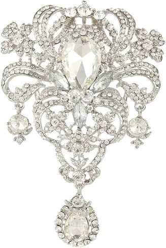 Women's Sophisticated and Elegant White Rhinestone Flower Brooch - Luxurious floral design with teardrop and round stones, suitable for wedding engagement jewelry, banquets and parties in Kuwait