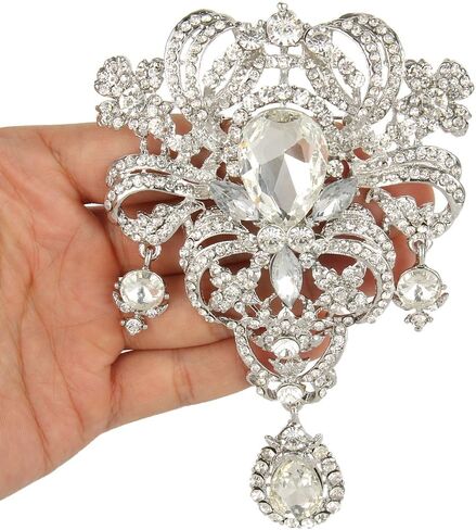 Women's Sophisticated and Elegant White Rhinestone Flower Brooch - Luxurious floral design with teardrop and round stones, suitable for wedding engagement jewelry, banquets and parties in Kuwait