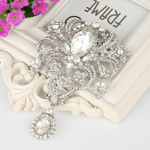 Women's Sophisticated and Elegant White Rhinestone Flower Brooch - Luxurious floral design with teardrop and round stones, suitable for wedding engagement jewelry, banquets and parties in Kuwait