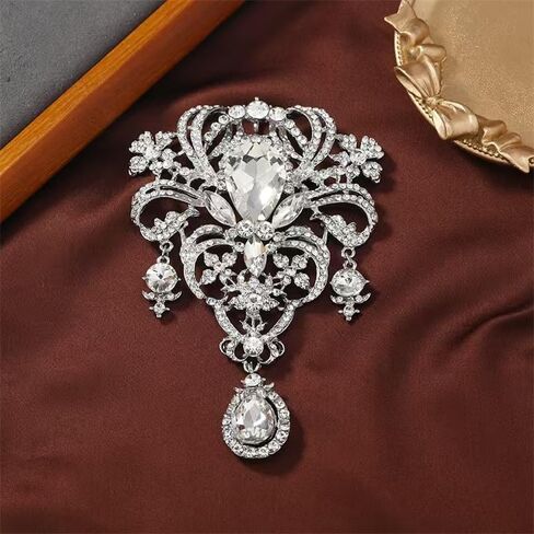 Women's Sophisticated and Elegant White Rhinestone Flower Brooch - Luxurious floral design with teardrop and round stones, suitable for wedding engagement jewelry, banquets and parties in Kuwait