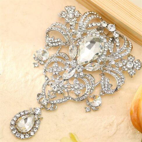 Women's Sophisticated and Elegant White Rhinestone Flower Brooch - Luxurious floral design with teardrop and round stones, suitable for wedding engagement jewelry, banquets and parties in Kuwait