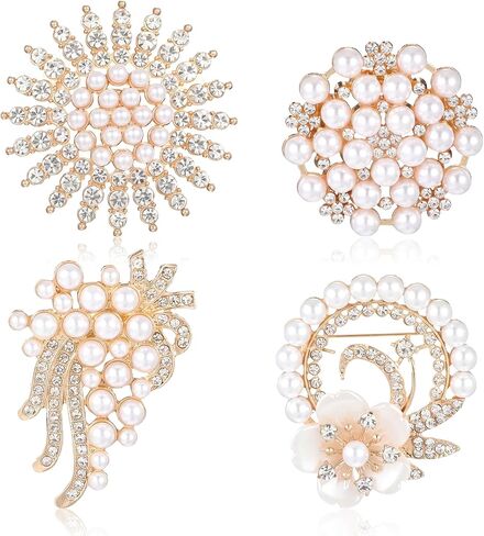 4 Pcs Pearl Brooches and Pins for Women, Crystal Gold Brooch Pin Elegant for Women Daily Wear and Commemorative Wedding Bouquet Crafts in Saudi Arabia
