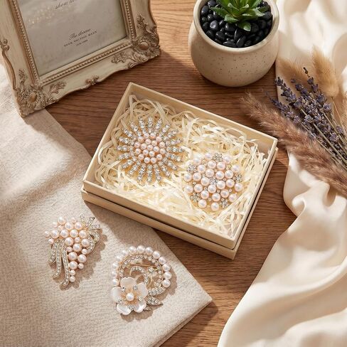 4 Pcs Pearl Brooches and Pins for Women, Crystal Gold Brooch Pin Elegant for Women Daily Wear and Commemorative Wedding Bouquet Crafts in Saudi Arabia