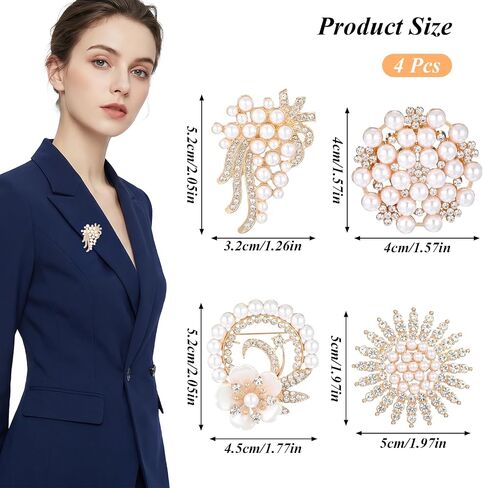 4 Pcs Pearl Brooches and Pins for Women, Crystal Gold Brooch Pin Elegant for Women Daily Wear and Commemorative Wedding Bouquet Crafts in Saudi Arabia