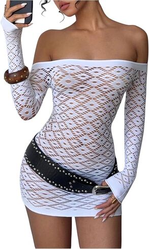 RoseSeek Women's Hollow Out Off Shoulder Dress Bodycon Long Sleeve Mini Dresses See Through Dress in Saudi Arabia