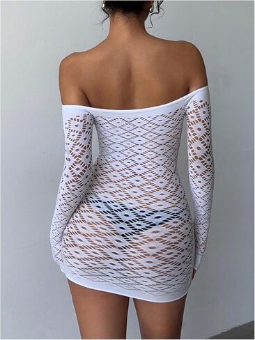 RoseSeek Women's Hollow Out Off Shoulder Dress Bodycon Long Sleeve Mini Dresses See Through Dress in Saudi Arabia