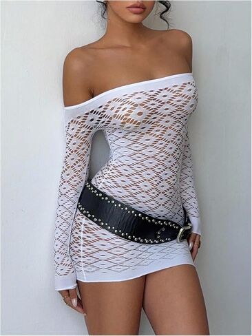 RoseSeek Women's Hollow Out Off Shoulder Dress Bodycon Long Sleeve Mini Dresses See Through Dress in Saudi Arabia