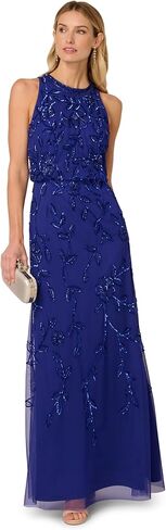 Adrianna Papell Women's Blouson Bead Long Dress, Dark Blue Violet, 12 in Kuwait