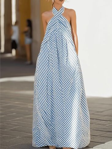 New Women's Blue Halter Neck Backless Striped Maxi Dress in Kuwait
