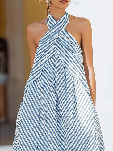 New Women's Blue Halter Neck Backless Striped Maxi Dress in Kuwait