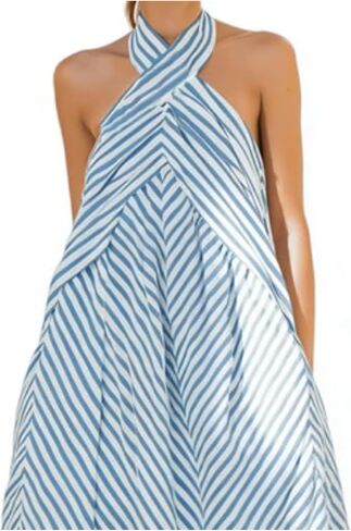 New Women's Blue Halter Neck Backless Striped Maxi Dress in Kuwait