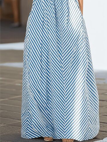 New Women's Blue Halter Neck Backless Striped Maxi Dress in Kuwait