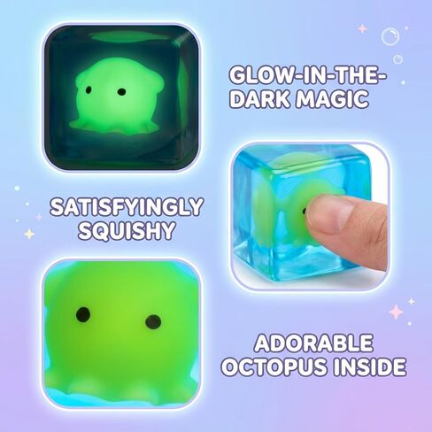 Squishy Octopus, Glow in The Dark Ice Cube, Relief and Sensory for Everyone, Soft and Squeezable Design with Tentacles, Measuring 5.5 x 5.5 x 5.5 cm for Easy Handling in Kuwait
