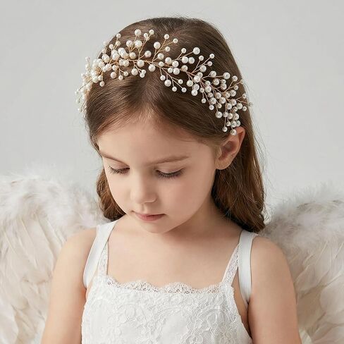 SWEETV Pearl Flower Girl Headpiece, Flexible Gold Wire Princess Crown Headband with Ivory Ribbon, Wedding Hair Accessories for Toddlers Kids First Communion in Kuwait