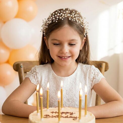 SWEETV Pearl Flower Girl Headpiece, Flexible Gold Wire Princess Crown Headband with Ivory Ribbon, Wedding Hair Accessories for Toddlers Kids First Communion in Kuwait
