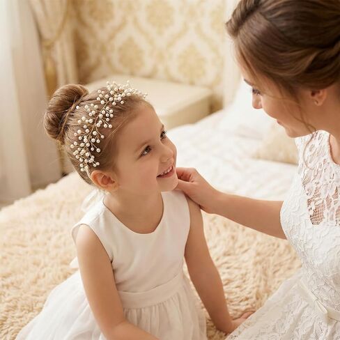 SWEETV Pearl Flower Girl Headpiece, Flexible Gold Wire Princess Crown Headband with Ivory Ribbon, Wedding Hair Accessories for Toddlers Kids First Communion in Kuwait