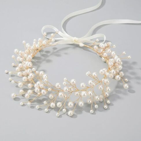 SWEETV Pearl Flower Girl Headpiece, Flexible Gold Wire Princess Crown Headband with Ivory Ribbon, Wedding Hair Accessories for Toddlers Kids First Communion in Kuwait