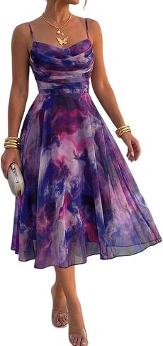 CHICME Womens Floral Mesh Midi Dress 2026 Summer Cowl Neck Adjustable Strap A Line Cinched Zipper Back Cocktail Party Dress in Saudi Arabia