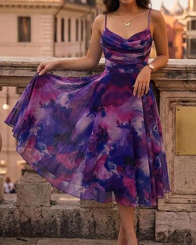 CHICME Womens Floral Mesh Midi Dress 2026 Summer Cowl Neck Adjustable Strap A Line Cinched Zipper Back Cocktail Party Dress in Saudi Arabia