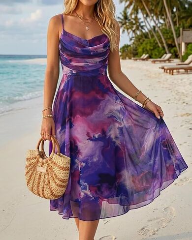 CHICME Womens Floral Mesh Midi Dress 2026 Summer Cowl Neck Adjustable Strap A Line Cinched Zipper Back Cocktail Party Dress in Saudi Arabia