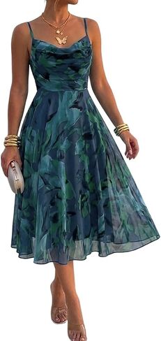 CHICME Womens Floral Mesh Midi Dress 2026 Summer Cowl Neck Adjustable Strap A Line Cinched Zipper Back Cocktail Party Dress in Saudi Arabia