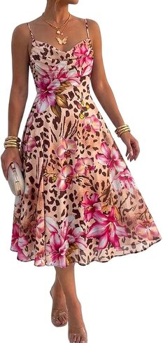 CHICME Womens Floral Mesh Midi Dress 2026 Summer Cowl Neck Adjustable Strap A Line Cinched Zipper Back Cocktail Party Dress in Saudi Arabia