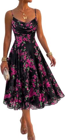 CHICME Womens Floral Mesh Midi Dress 2026 Summer Cowl Neck Adjustable Strap A Line Cinched Zipper Back Cocktail Party Dress in Saudi Arabia