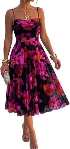 CHICME Womens Floral Mesh Midi Dress 2026 Summer Cowl Neck Adjustable Strap A Line Cinched Zipper Back Cocktail Party Dress in Saudi Arabia
