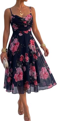 CHICME Womens Floral Mesh Midi Dress 2026 Summer Cowl Neck Adjustable Strap A Line Cinched Zipper Back Cocktail Party Dress in Saudi Arabia