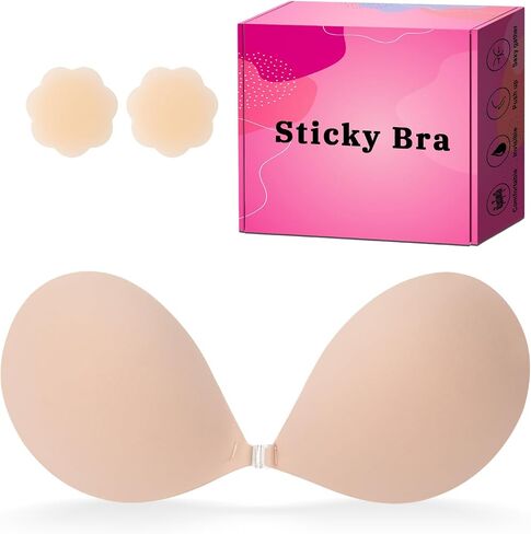 Invisible Strapless Sticky Bra Push up for Women, Adhesive Bra for Backless Dress, Silicone Cleavage Lift with Nipple Covers Cream B Cup in Saudi Arabia