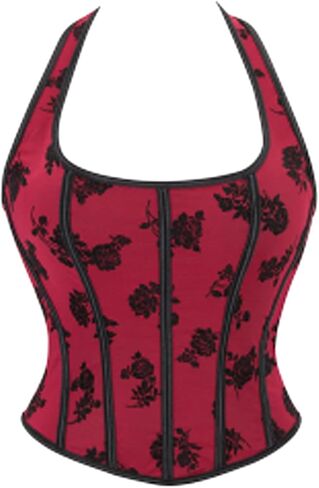 Women's Sexy Halter Corset Tops, Backless Boned Bustier Embroidery Overbust Corset Top for Halloween, Theme Parties Red in Kuwait
