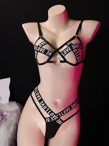 طقم الملابس الداخلية النسائية Strappy 2-Piece Bralette ثونغ مثير مطاطا تسخير الصدرية مع شريط الرسالة قابل للتعديل ملابس داخلية عصرية in Kuwait