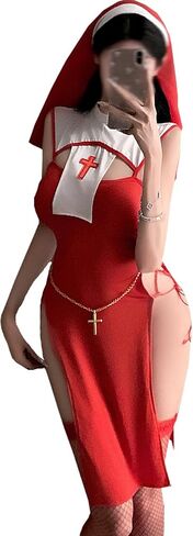 Nun Cosplay Costume for Women Sexy Nun Lingerie High Split Drawstring Fancy Dress Halloween Party with Nun Hat in Kuwait