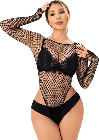 Fishnet Bodysuit Tops Women Mesh Lingerie Long Sleeve Mesh One Piece Body Suit in Saudi Arabia