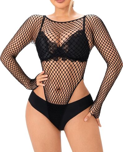 Fishnet Bodysuit Tops Women Mesh Lingerie Long Sleeve Mesh One Piece Body Suit in Saudi Arabia