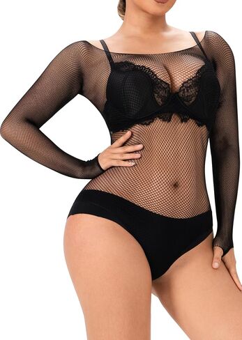 Fishnet Bodysuit Tops Women Mesh Lingerie Long Sleeve Mesh One Piece Body Suit in Saudi Arabia