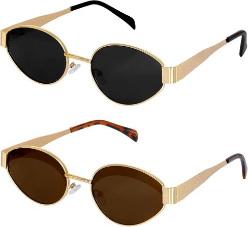 2Pcs Retro Oval Sunglasses for Women, Cute Trendy 90s Sunglasses, Classic Metal Frame Shades Sun Glasses UV Protection in Saudi Arabia