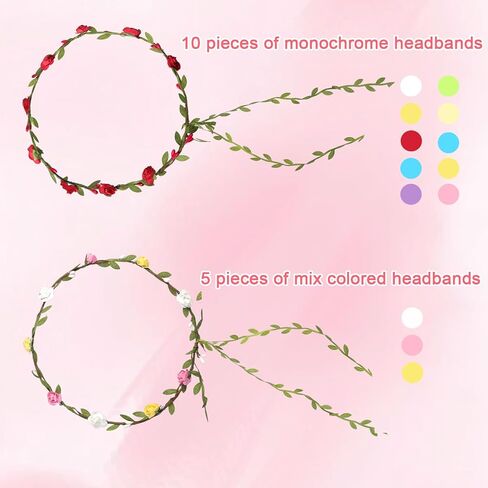 15 Pcs Multicolor Flower Crown Wreath Headband Flower Crowns for Women Girl Floral Garland Headbands Floral Headpiece for Birthday Wedding Festival Vacation Fairy Party Photography Props in Saudi Arabia